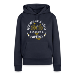 Sweat-shirt à capuche premium femme - Qui roule à vélo arrive à l'apéro - bleu marine - front