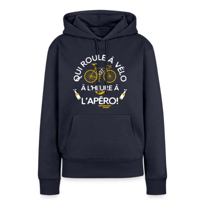 Sweat-shirt à capuche premium femme - Qui roule à vélo arrive à l'apéro - bleu marine - front