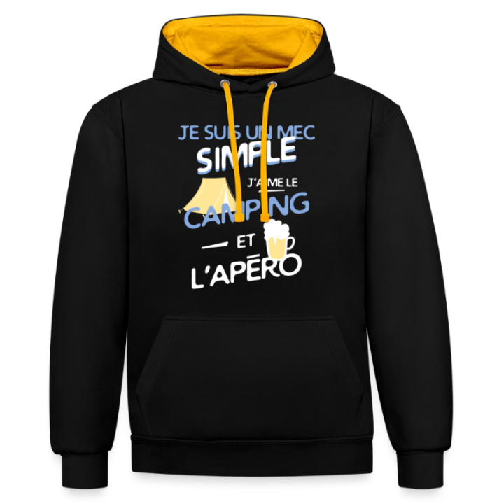 Sweat-shirt à capuche contrasté unisexe - Un mec simple: Camping et apéro - noir/or - front