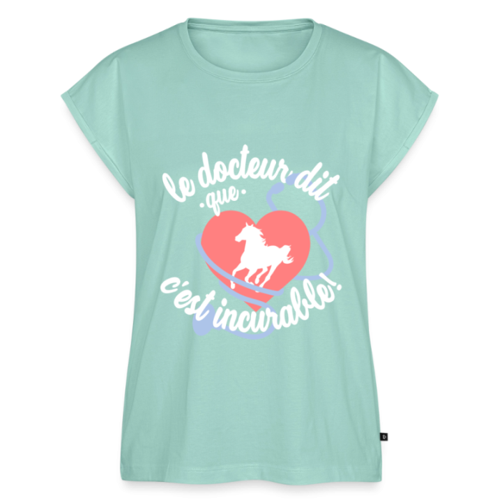 T-shirt à manches retroussées femme - Le cheval: c'est incurable - menthe  - front