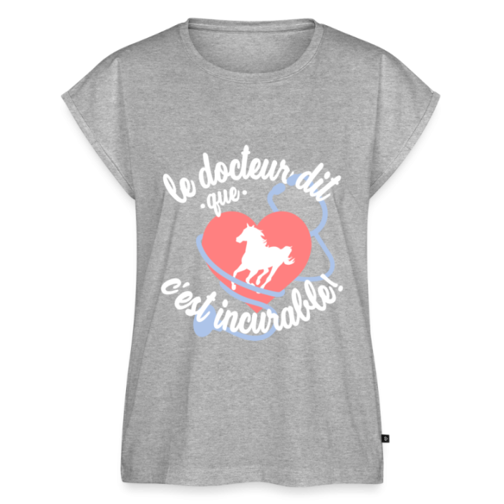 T-shirt à manches retroussées femme - Le cheval: c'est incurable - gris chiné - front