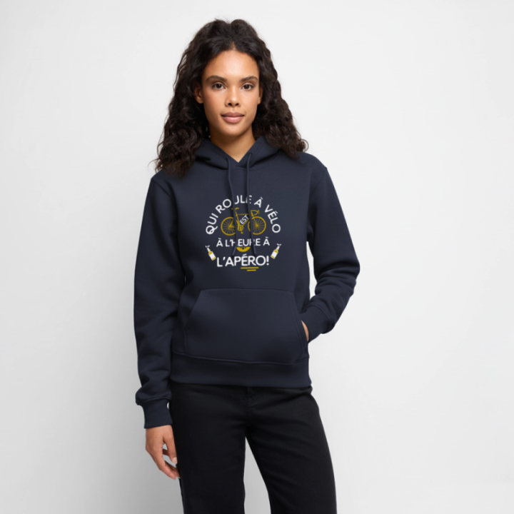 Sweat-shirt à capuche premium femme - Qui roule à vélo arrive à l'apéro - bleu marine - front
