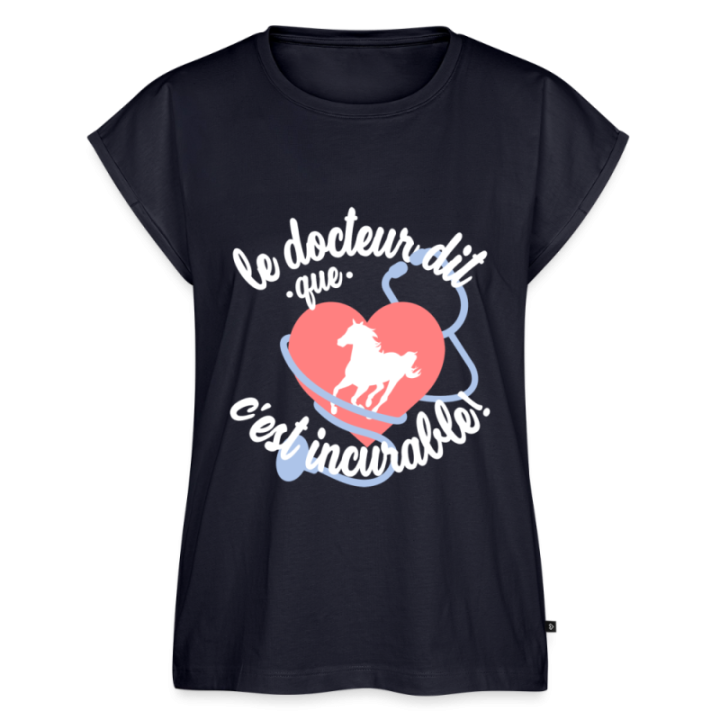 T-shirt à manches retroussées femme - Le cheval: c'est incurable - bleu marine - front