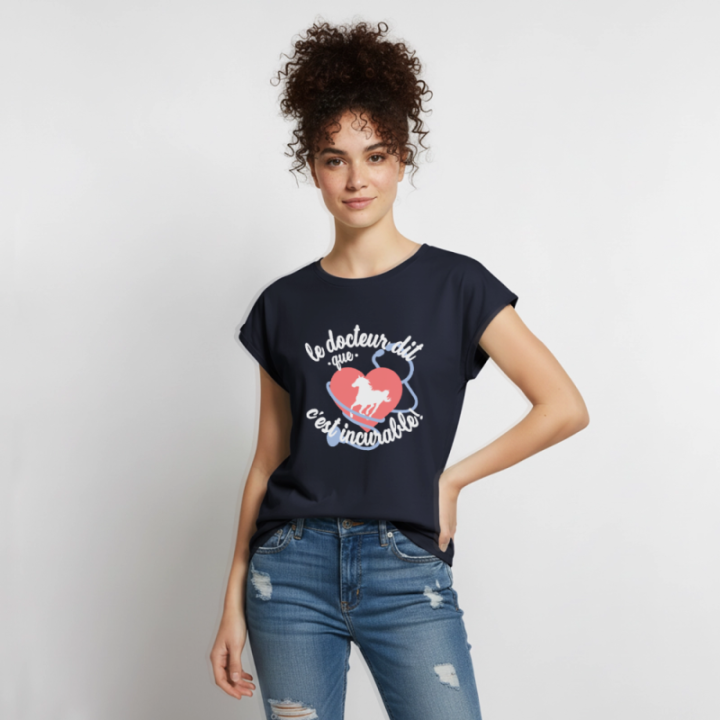 T-shirt à manches retroussées femme - Le cheval: c'est incurable - bleu marine - front