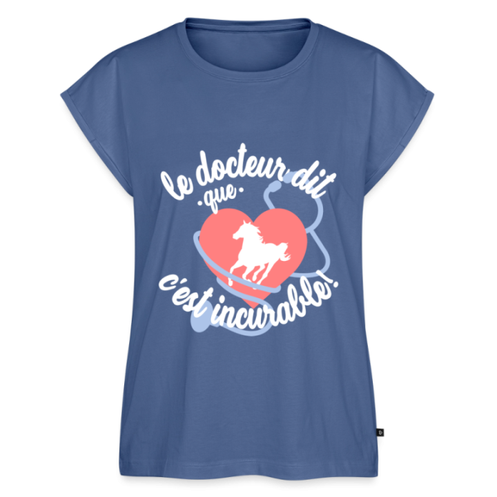 T-shirt à manches retroussées femme - Le cheval: c'est incurable - bleu pigeon - front