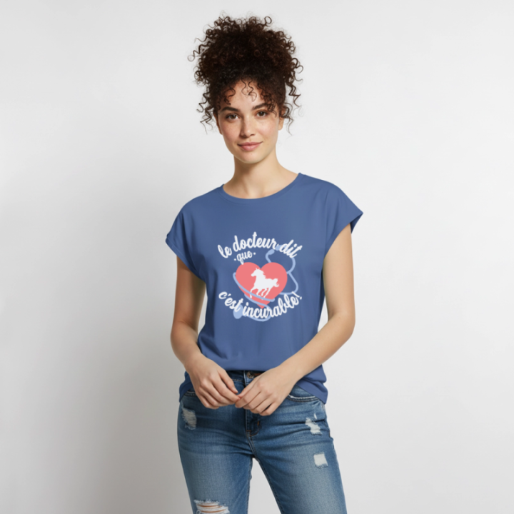 T-shirt à manches retroussées femme - Le cheval: c'est incurable - bleu pigeon - front