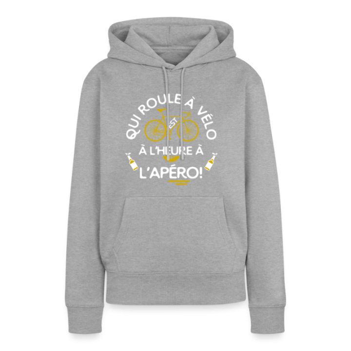 Sweat-shirt à capuche premium femme - Qui roule à vélo arrive à l'apéro - gris chiné - front
