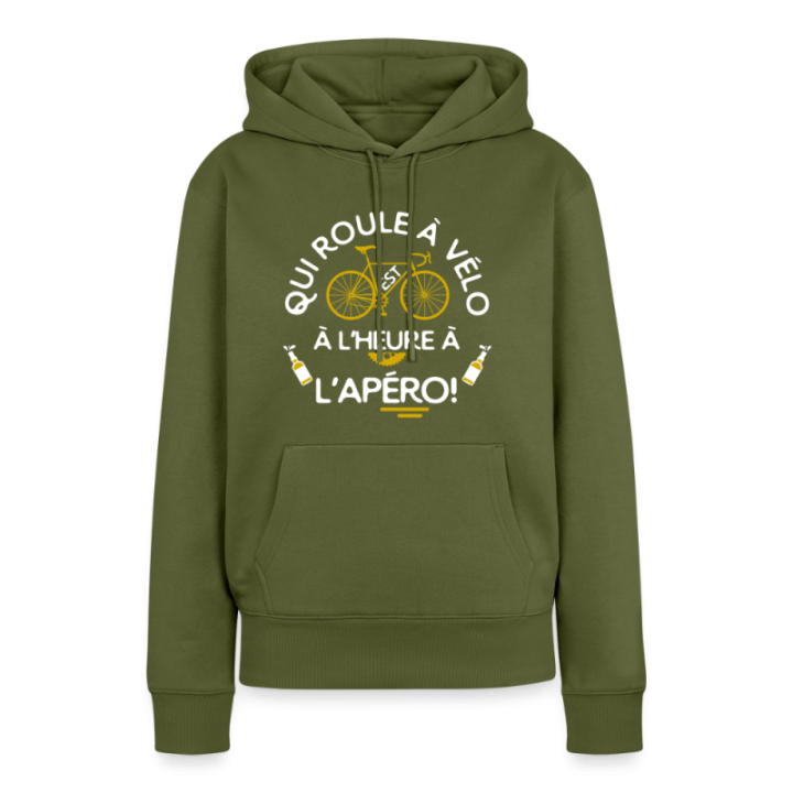 Sweat-shirt à capuche premium femme - Qui roule à vélo arrive à l'apéro - kaki - front