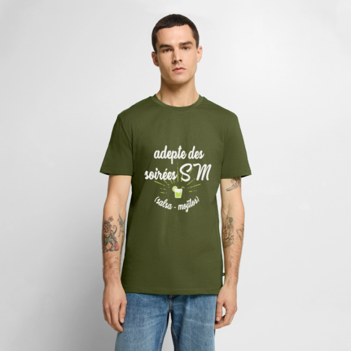 T-shirt premium homme - Soirées SM: Salsa et Mojitos - kaki - front