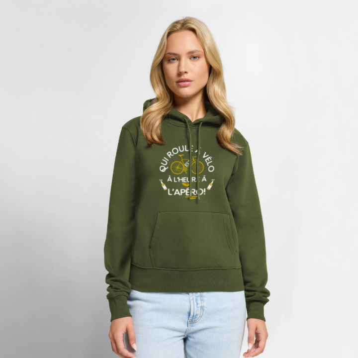 Sweat-shirt à capuche premium femme - Qui roule à vélo arrive à l'apéro - kaki - front