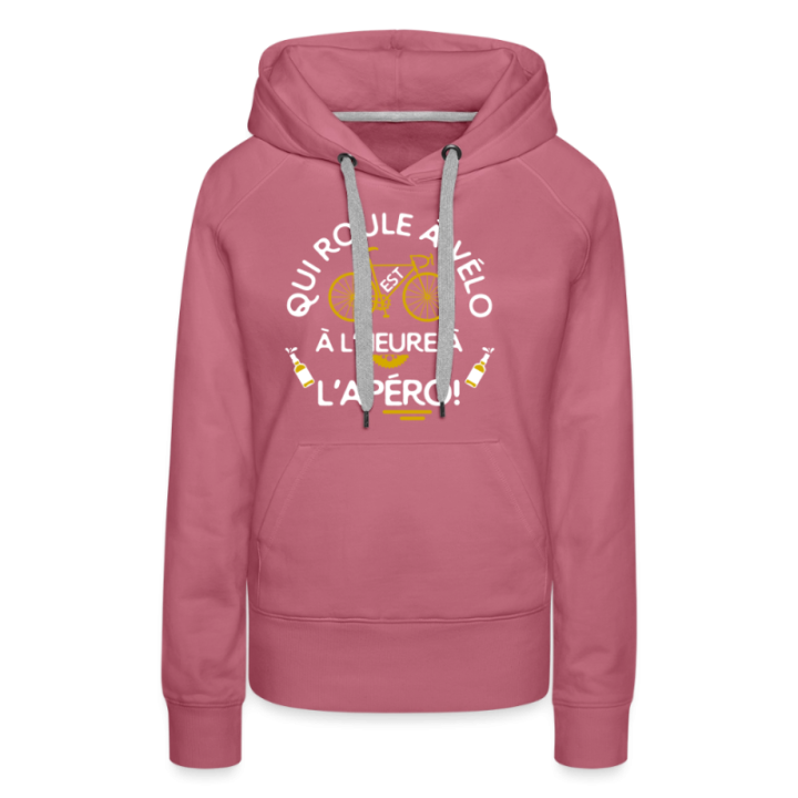 Sweat-shirt à capuche premium femme - Qui roule à vélo arrive à l'apéro - mauve - front