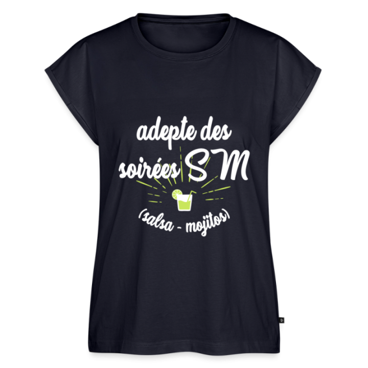 T-shirt à manches retroussées femme - Soirées SM: Salsa et Mojitos - bleu marine - front