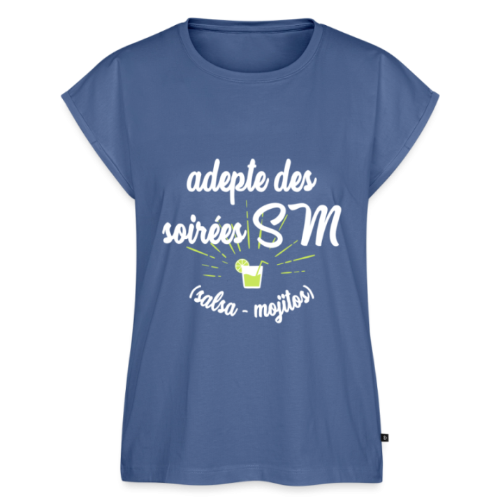 T-shirt à manches retroussées femme - Soirées SM: Salsa et Mojitos - bleu pigeon - front