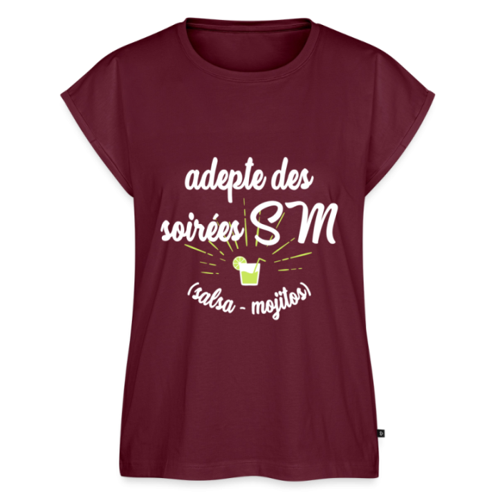 T-shirt à manches retroussées femme - Soirées SM: Salsa et Mojitos - bourgogne - front