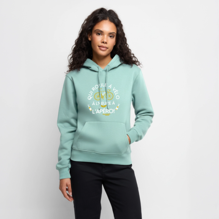 Sweat-shirt à capuche premium femme - Qui roule à vélo arrive à l'apéro - menthe  - front