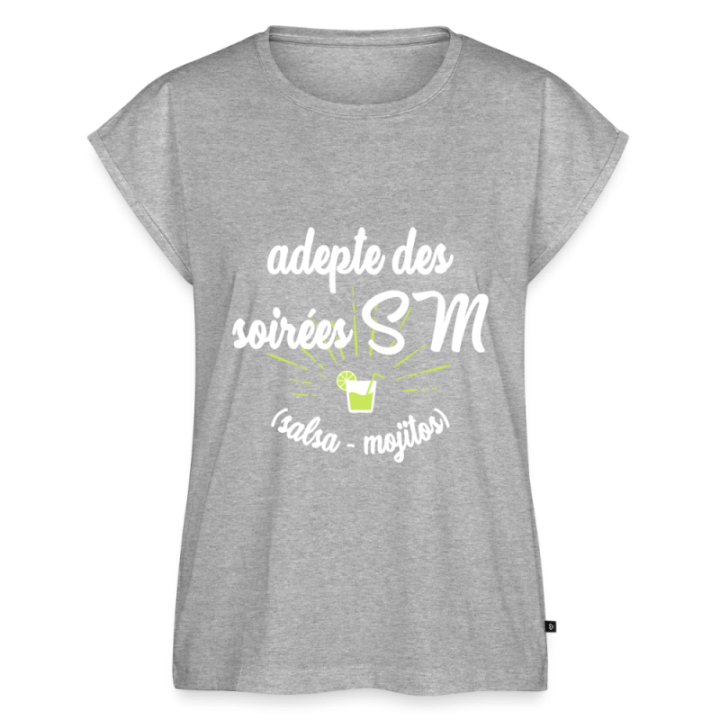 T-shirt à manches retroussées femme - Soirées SM: Salsa et Mojitos - gris chiné - front