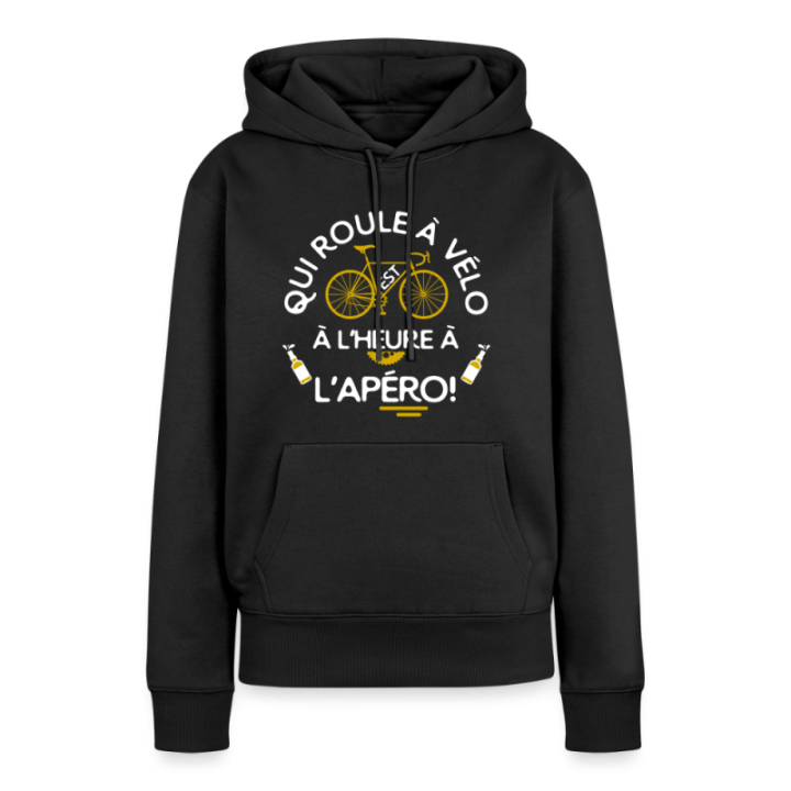Sweat-shirt à capuche premium femme - Qui roule à vélo arrive à l'apéro - noir - front