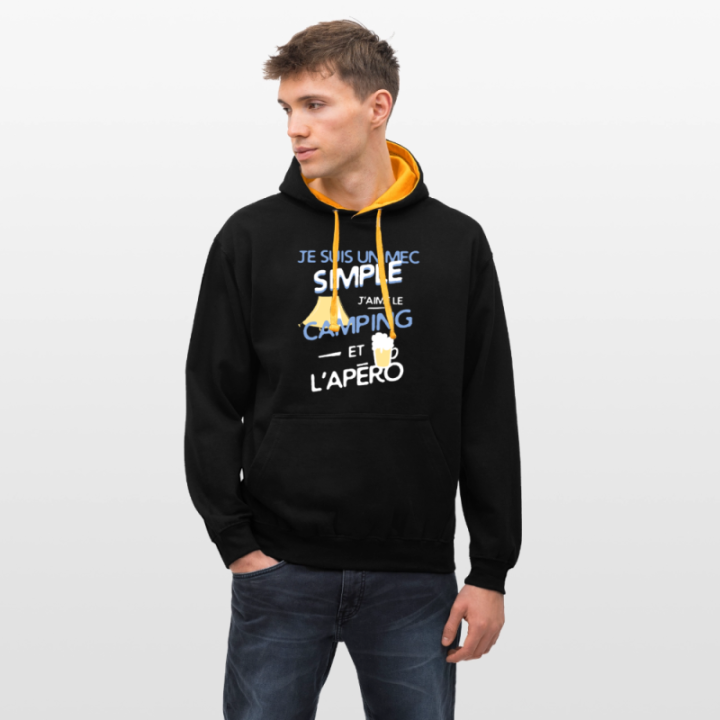 Sweat-shirt à capuche contrasté unisexe - Un mec simple: Camping et apéro - noir/or - front