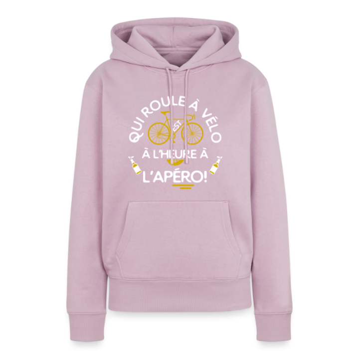 Sweat-shirt à capuche premium femme - Qui roule à vélo arrive à l'apéro - rose poudré - front