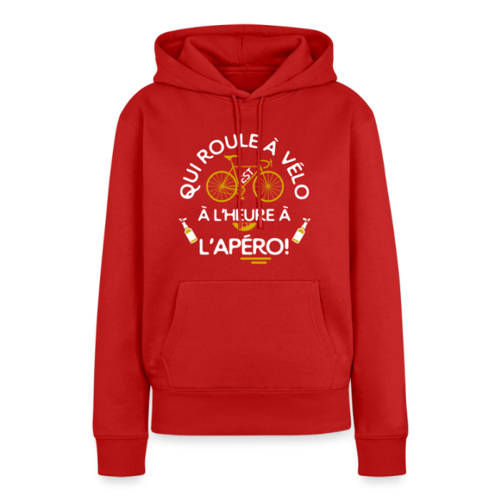 Sweat-shirt à capuche premium femme - Qui roule à vélo arrive à l'apéro - rouge - front
