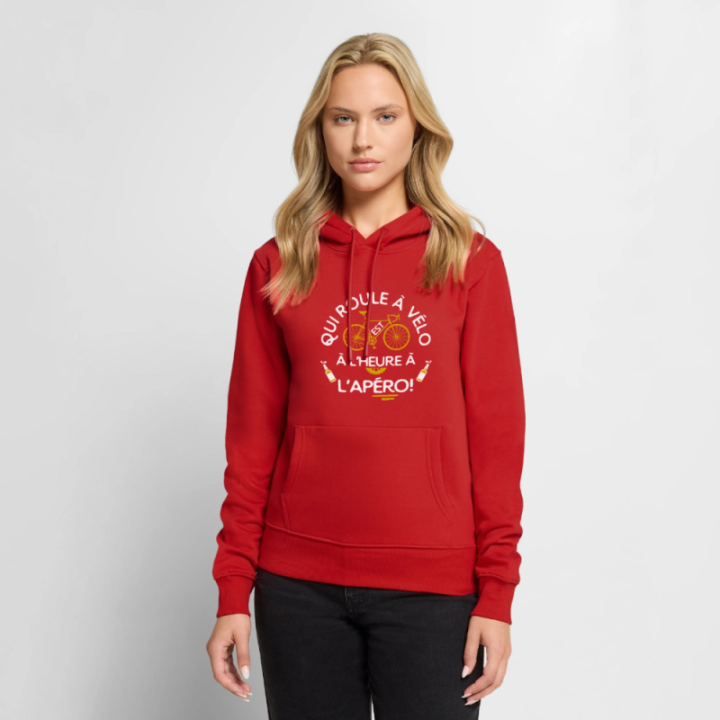 Sweat-shirt à capuche premium femme - Qui roule à vélo arrive à l'apéro - rouge - front