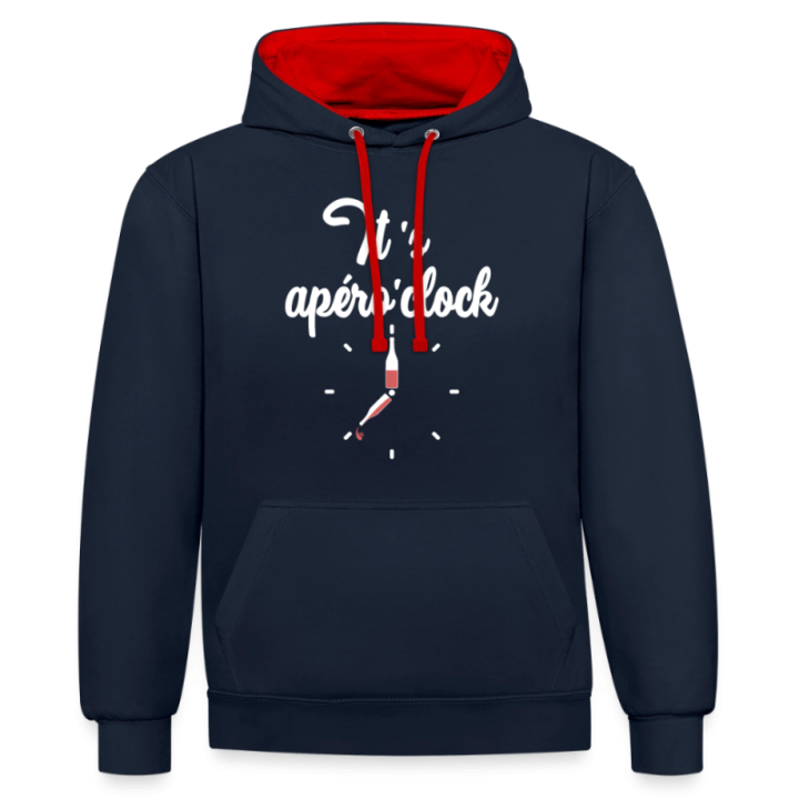 Sweat-shirt à capuche contrasté unisexe - It's apéro'clock - bleu marine/rouge - front