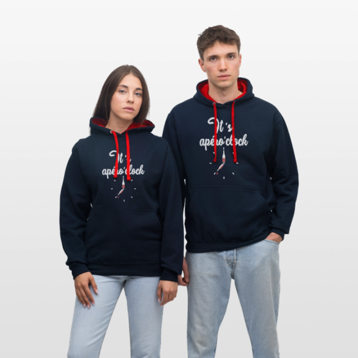 Sweat-shirt à capuche contrasté unisexe - It's apéro'clock - bleu marine/rouge - front