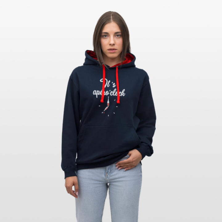 Sweat-shirt à capuche contrasté unisexe - It's apéro'clock - bleu marine/rouge - front