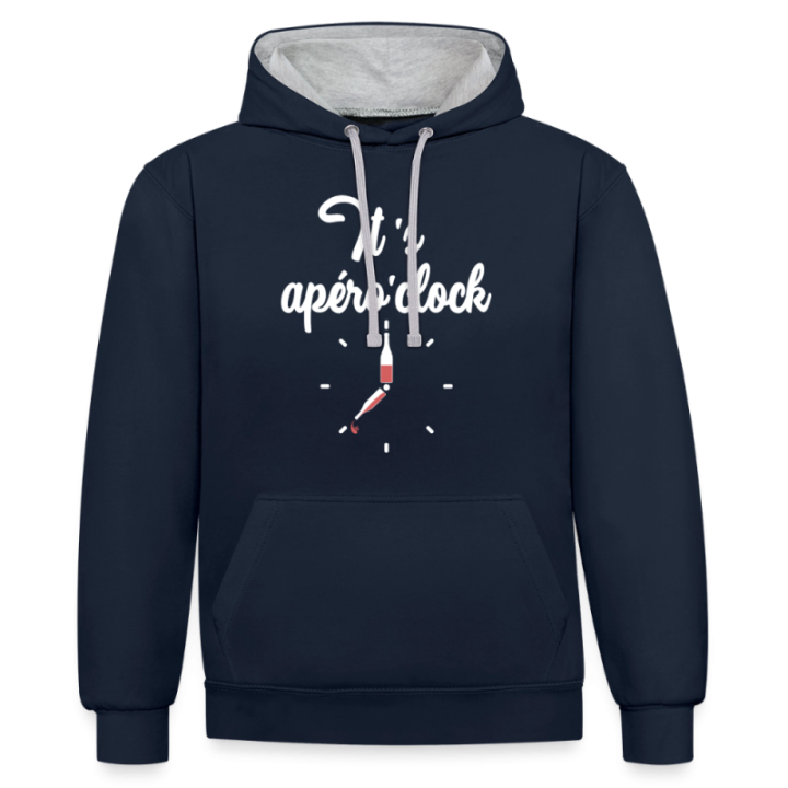 Sweat-shirt à capuche contrasté unisexe - It's apéro'clock - bleu marine/gris chiné - front