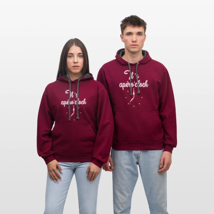 Sweat-shirt à capuche contrasté unisexe - It's apéro'clock - bordeaux/anthracite - front