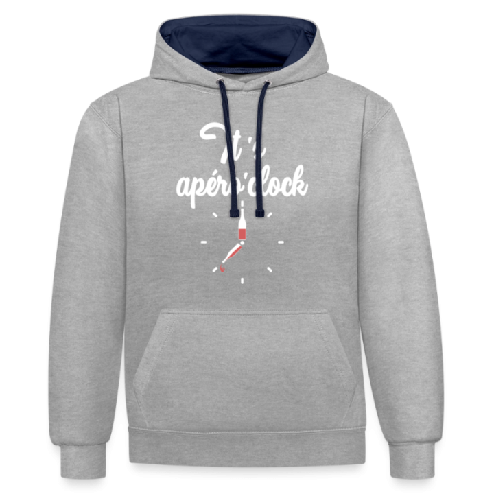 Sweat-shirt à capuche contrasté unisexe - It's apéro'clock - gris chiné/bleu marine - front