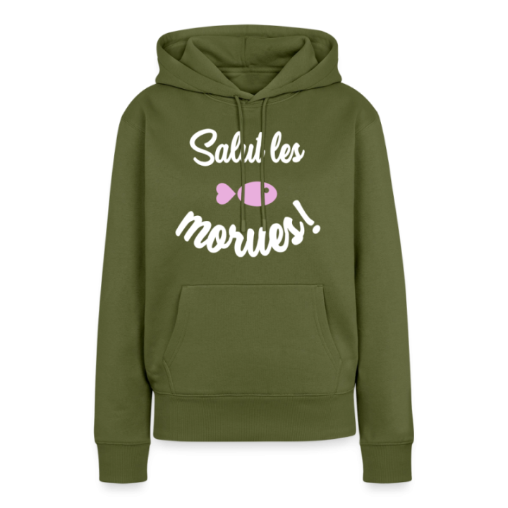 Sweat-shirt à capuche premium femme - Salut les morues - kaki - front