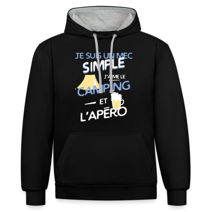 Sweat-shirt à capuche contrasté unisexe - Un mec simple: Camping et apéro - noir/gris chiné - front