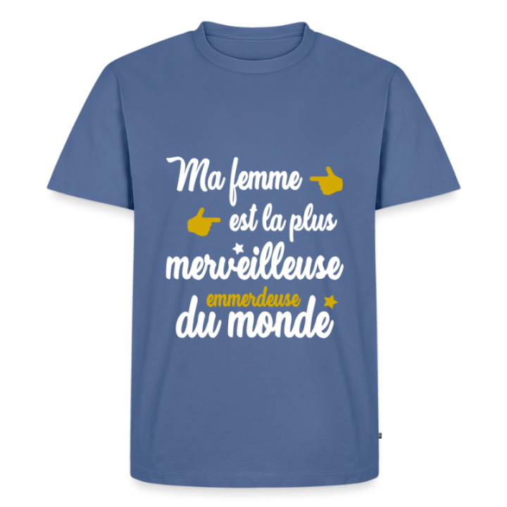 T-shirt premium homme - Ma femme: merveilleuse emmerdeuse - bleu pigeon - front