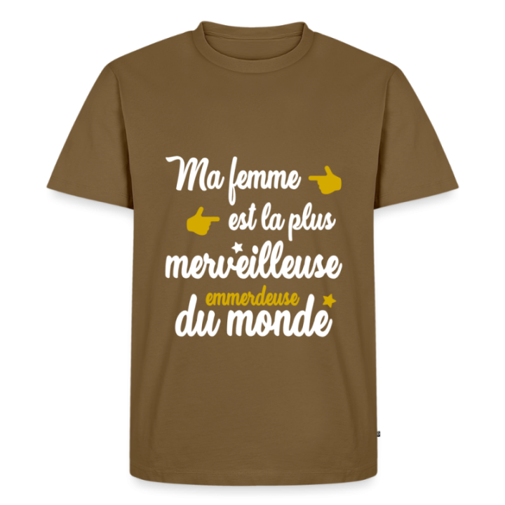 T-shirt premium homme - Ma femme: merveilleuse emmerdeuse - marron noisette - front