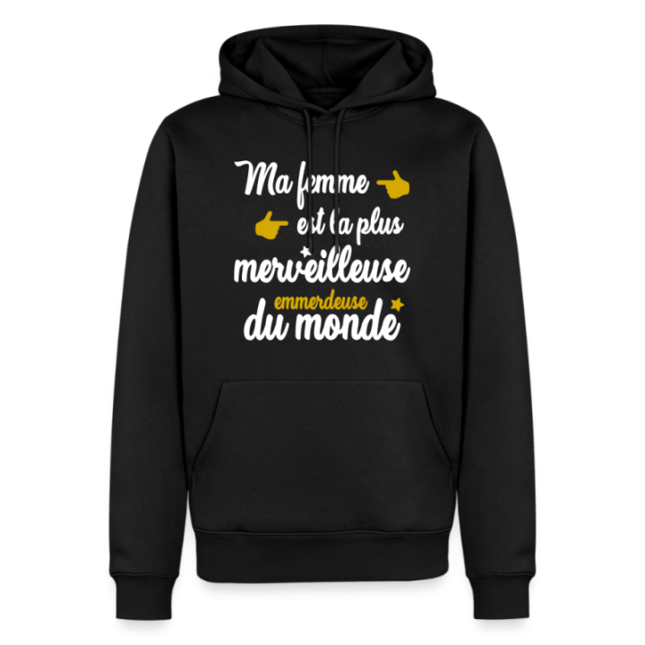Sweat-shirt à capuche premium homme - Ma femme: merveilleuse emmerdeuse - noir - front