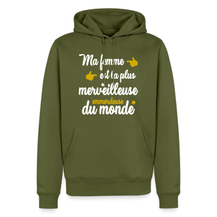 Sweat-shirt à capuche premium homme - Ma femme: merveilleuse emmerdeuse - kaki - front