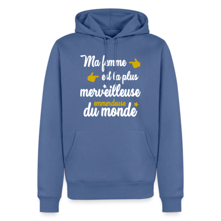 Sweat-shirt à capuche premium homme - Ma femme: merveilleuse emmerdeuse - bleu pigeon - front
