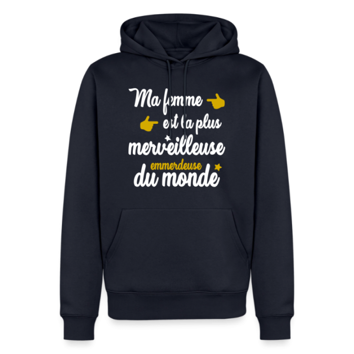 Sweat-shirt à capuche premium homme - Ma femme: merveilleuse emmerdeuse - bleu marine - front