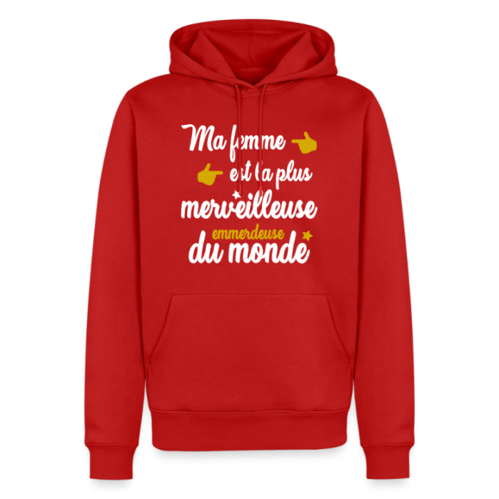 Sweat-shirt à capuche premium homme - Ma femme: merveilleuse emmerdeuse - rouge - front