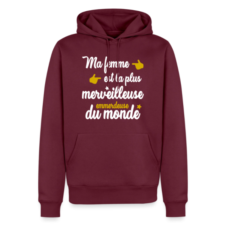 Sweat-shirt à capuche premium homme - Ma femme: merveilleuse emmerdeuse - bourgogne - front