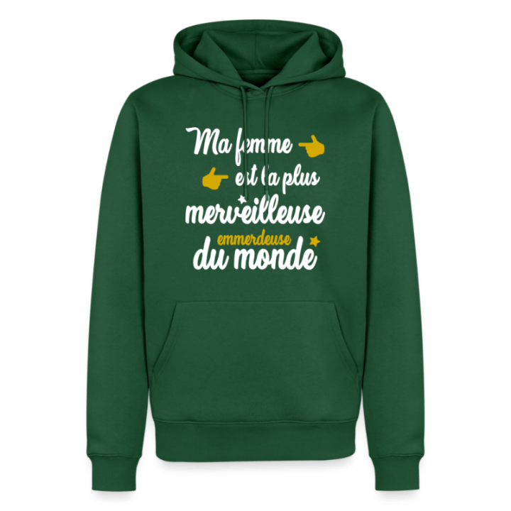 Sweat-shirt à capuche premium homme - Ma femme: merveilleuse emmerdeuse - vert bouteille - front