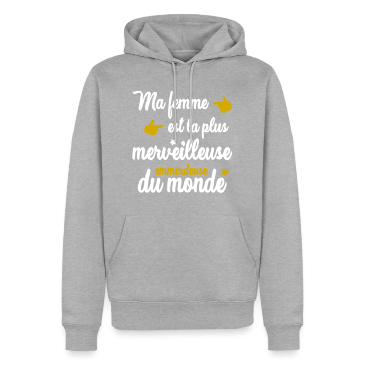 Sweat-shirt à capuche premium homme - Ma femme: merveilleuse emmerdeuse - gris chiné - front