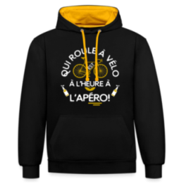 Sweat-shirt à capuche contrasté unisexe - Qui roule à vélo arrive à l'apéro - noir/or - front