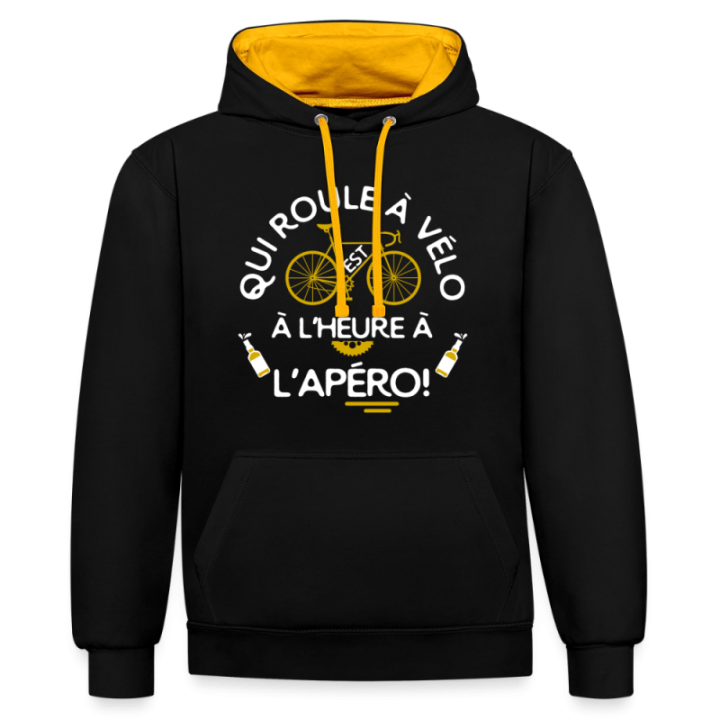Sweat-shirt à capuche contrasté unisexe - Qui roule à vélo arrive à l'apéro - noir/or - front