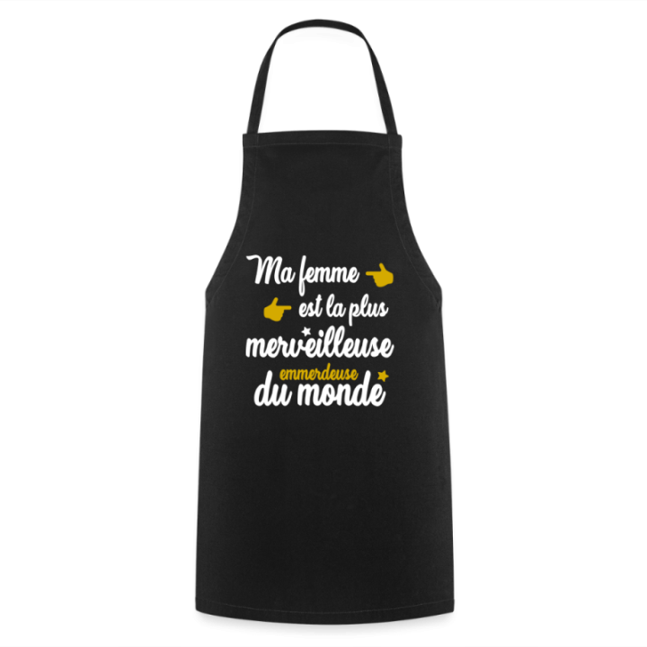 Tablier de cuisine - Ma femme: merveilleuse emmerdeuse - noir - front