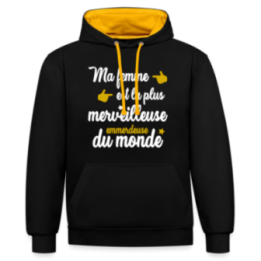 Sweat-shirt à capuche contrasté unisexe - Ma femme: merveilleuse emmerdeuse - noir/or - front