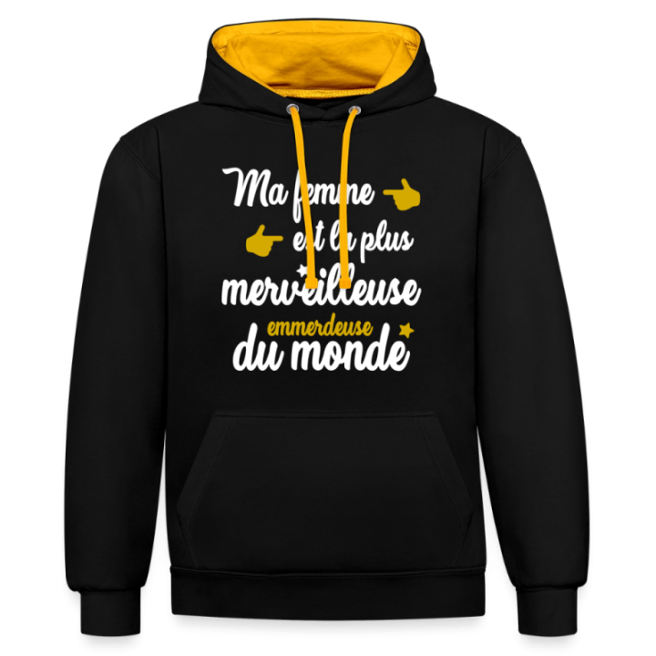 Sweat-shirt à capuche contrasté unisexe - Ma femme: merveilleuse emmerdeuse - noir/or - front
