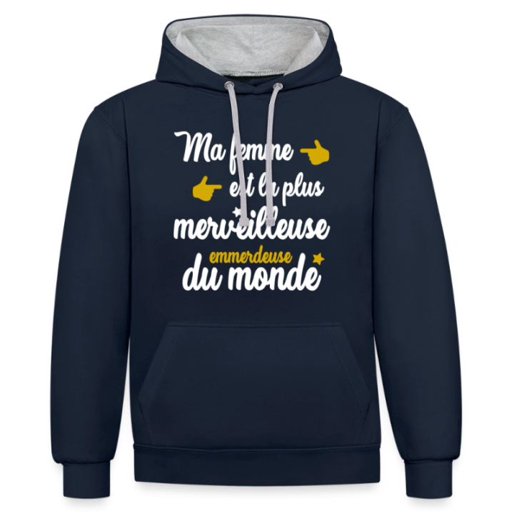 Sweat-shirt à capuche contrasté unisexe - Ma femme: merveilleuse emmerdeuse - bleu marine/gris chiné - front