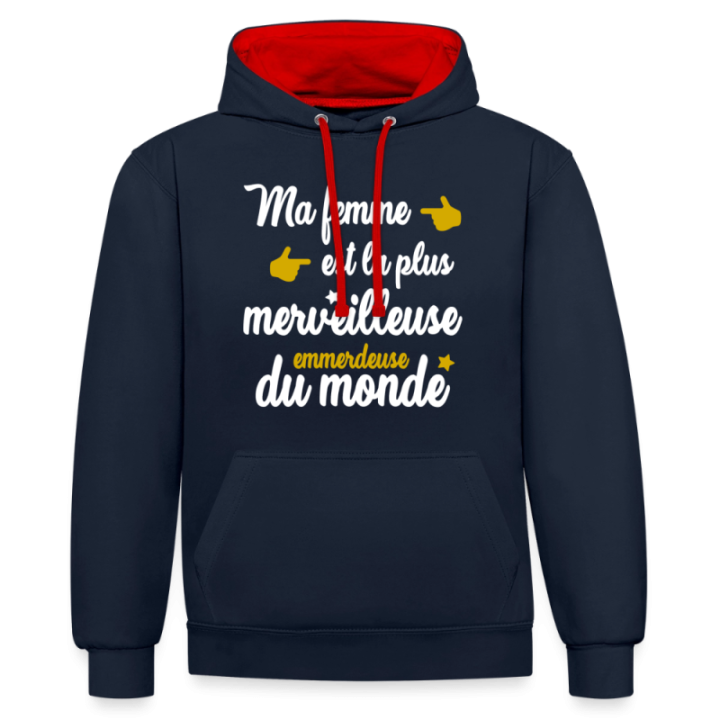 Sweat-shirt à capuche contrasté unisexe - Ma femme: merveilleuse emmerdeuse - bleu marine/rouge - front